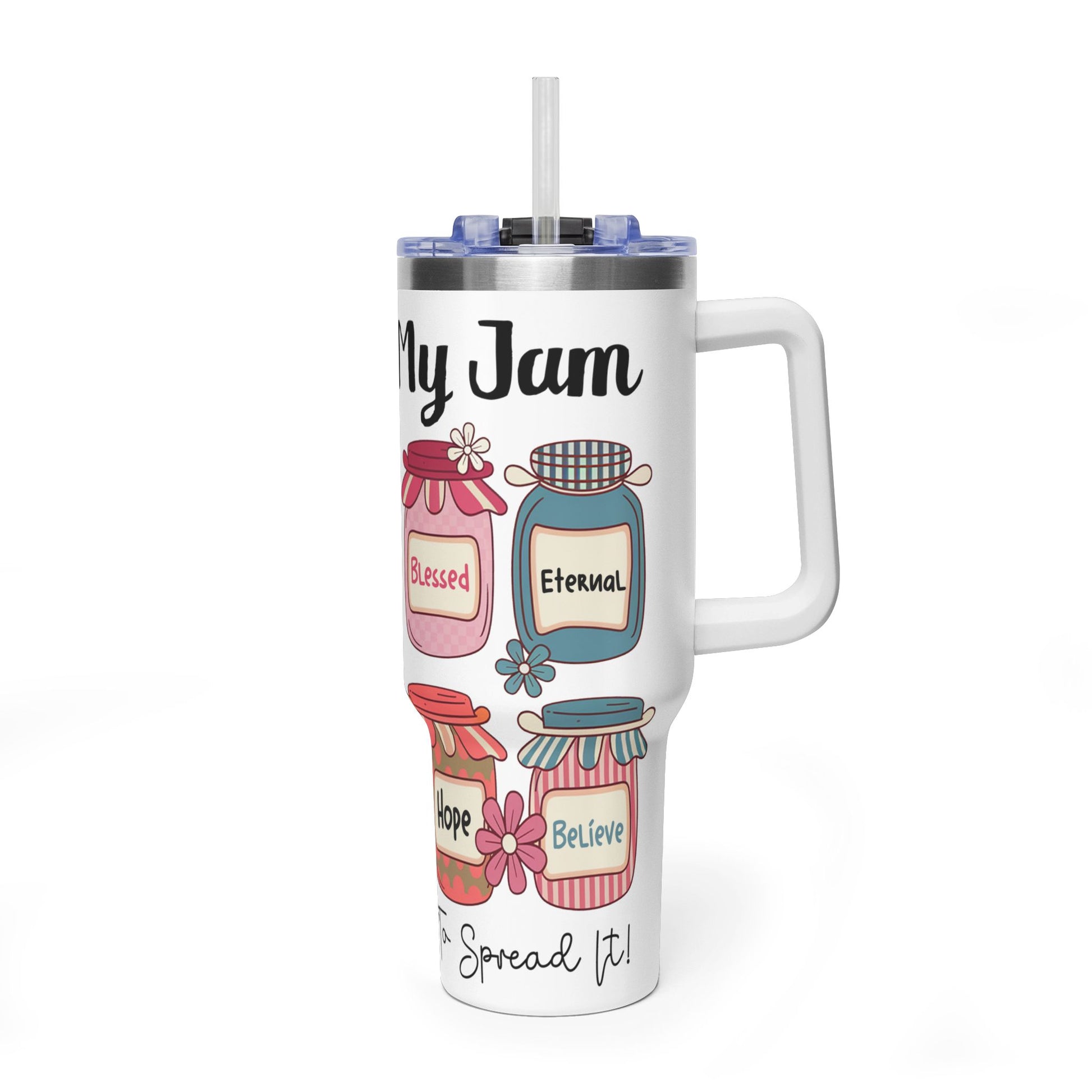 40oz Faith Tumbler – "Jesus Is My Jam" Inspirational Vacuum Mug with Mason Jar Designs - Kim’s Signature Beauty & Accessories