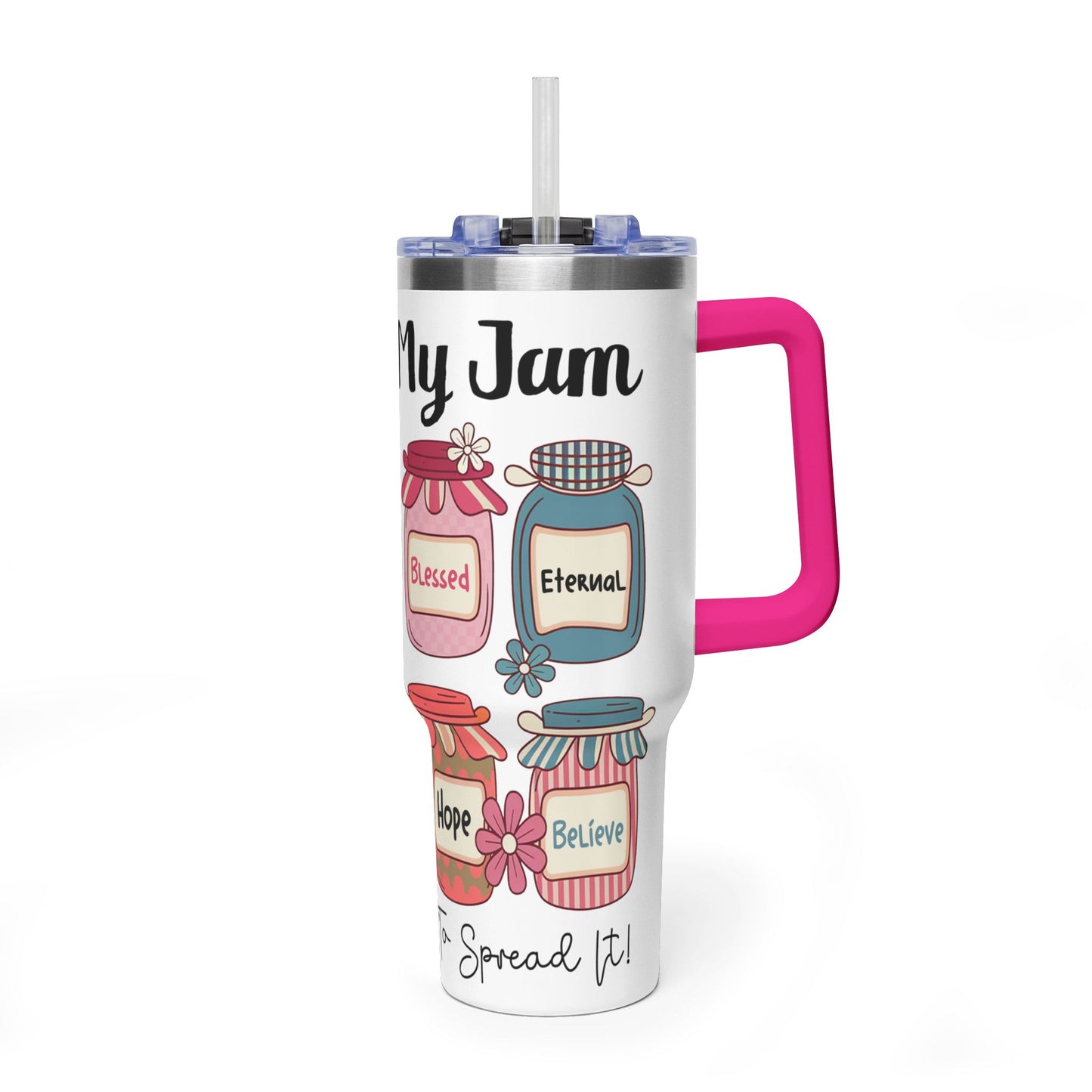 40oz Faith Tumbler – "Jesus Is My Jam" Inspirational Vacuum Mug with Mason Jar Designs - Kim’s Signature Beauty & Accessories