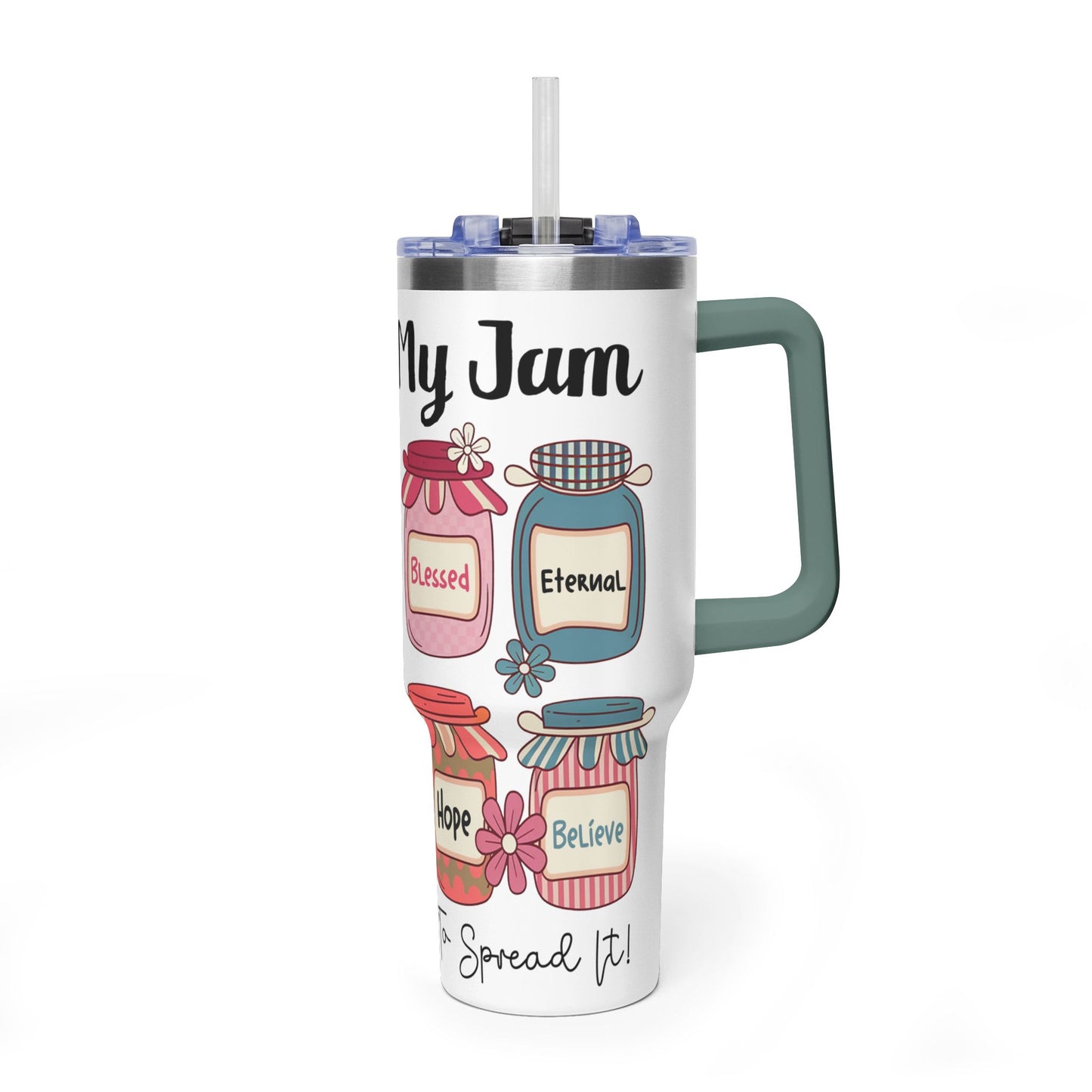 40oz Faith Tumbler – "Jesus Is My Jam" Inspirational Vacuum Mug with Mason Jar Designs - Kim’s Signature Beauty & Accessories