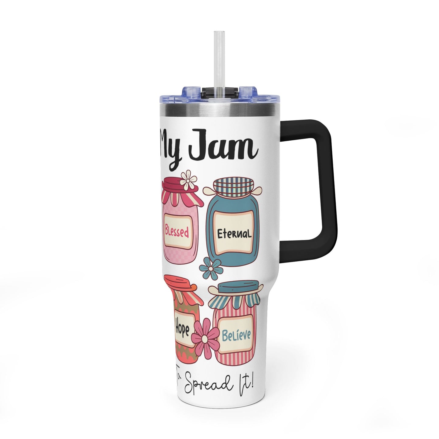 40oz Faith Tumbler – "Jesus Is My Jam" Inspirational Vacuum Mug with Mason Jar Designs - Kim’s Signature Beauty & Accessories