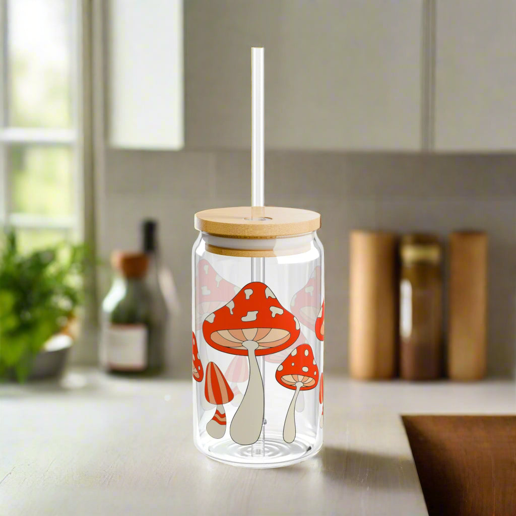 For the Love of Mushrooms Sipper Glass, 16oz - Kim’s Signature Beauty & Accessories    (Store description)