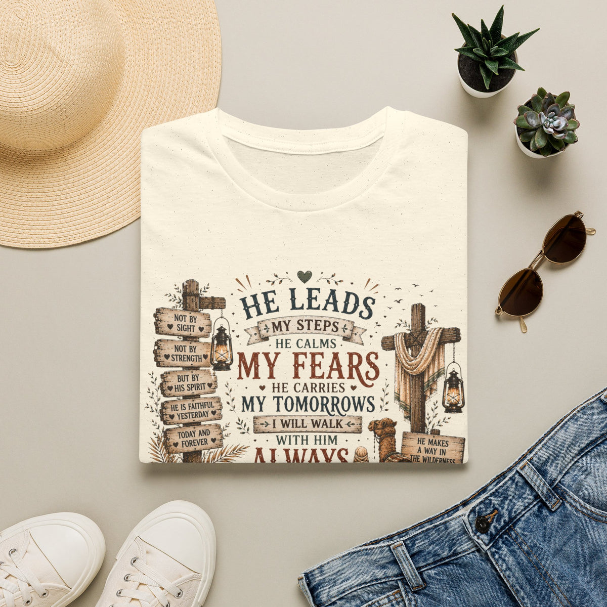 He Leads Me Inspirational Christian T-Shirt
