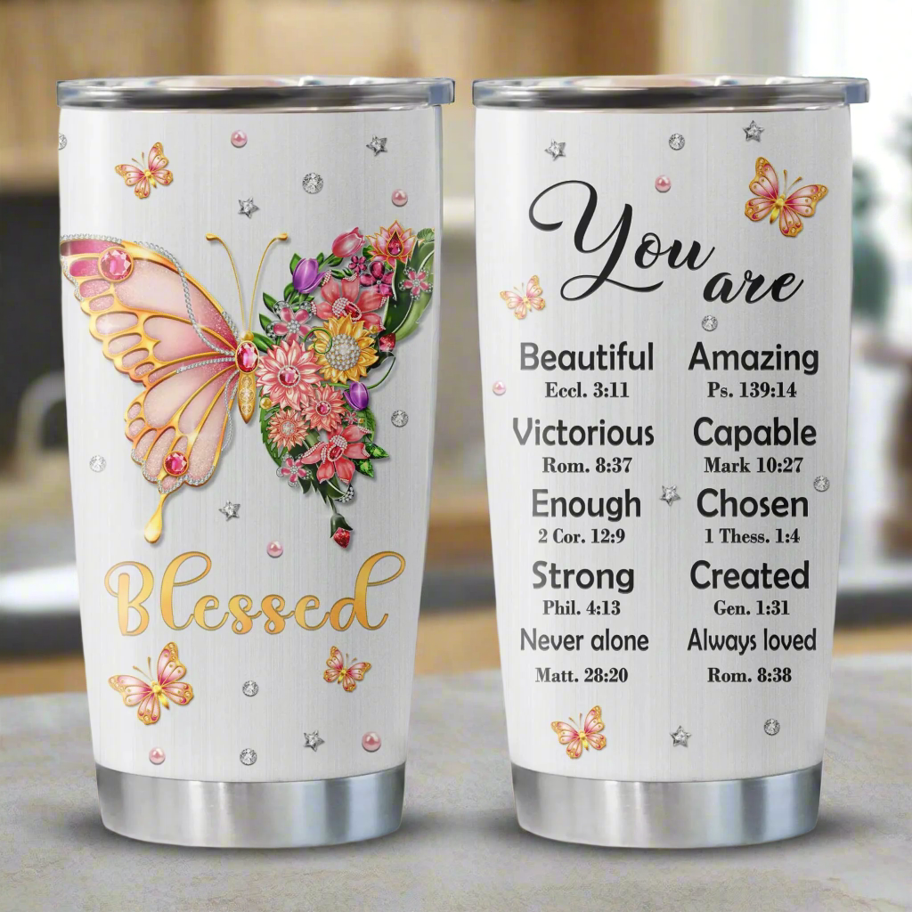 Blessed Butterfly Christian Tumbler – 20oz of Inspiration & Strength - Kim’s Signature Beauty & Accessories    (Store description)