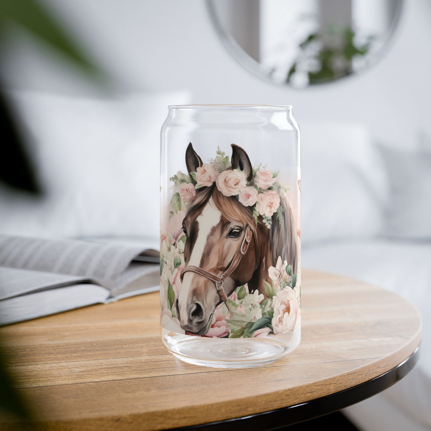 Pink Floral Horse lovers Sipper Glass, 16oz - Kim’s Signature Beauty & Accessories    (Store description)