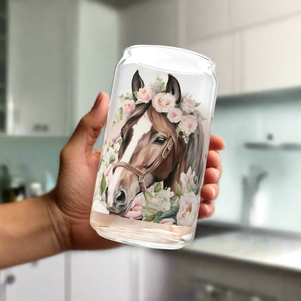 Pink Floral Horse lovers Sipper Glass, 16oz - Kim’s Signature Beauty & Accessories    (Store description)