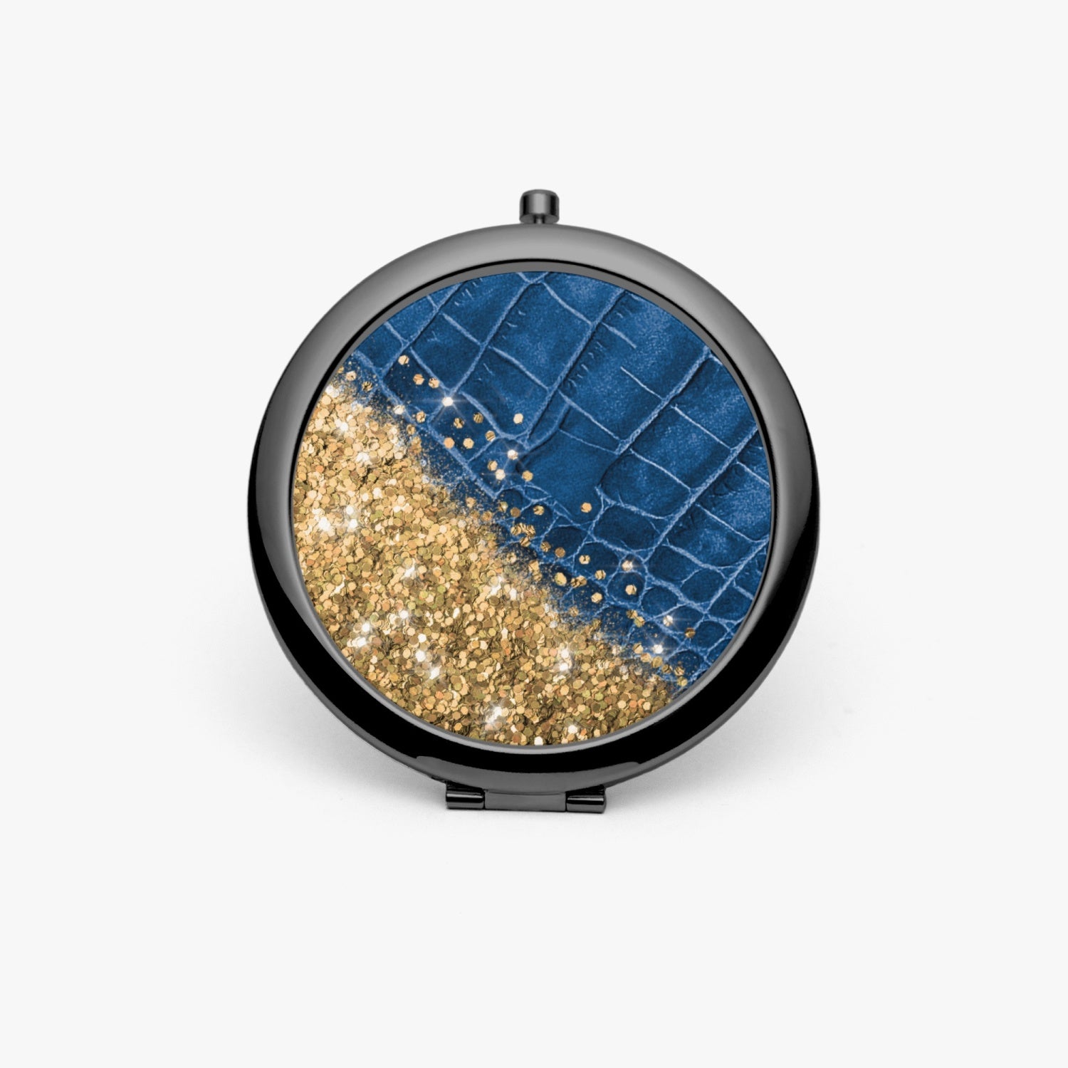 Gold Glitter & Blue Leather |  Compact Mirror - Kim’s Signature Beauty & Accessories    (Store description)