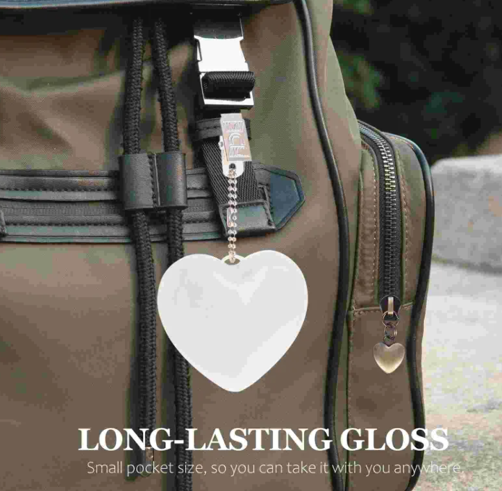 Camouflage backpack with a heart-shaped tag and text about long-lasting gloss.
