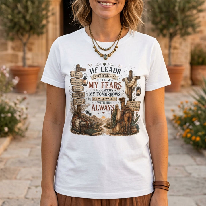 He Leads Me Inspirational Christian T-Shirt
