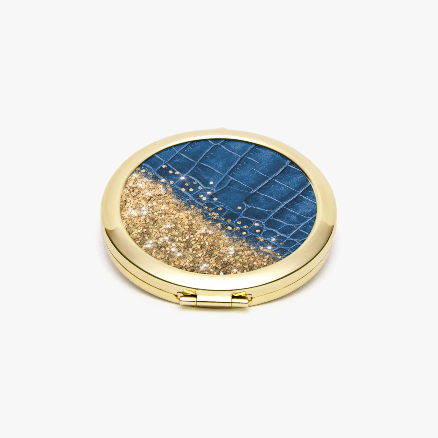 Gold Glitter & Blue Leather |  Compact Mirror - Kim’s Signature Beauty & Accessories    (Store description)