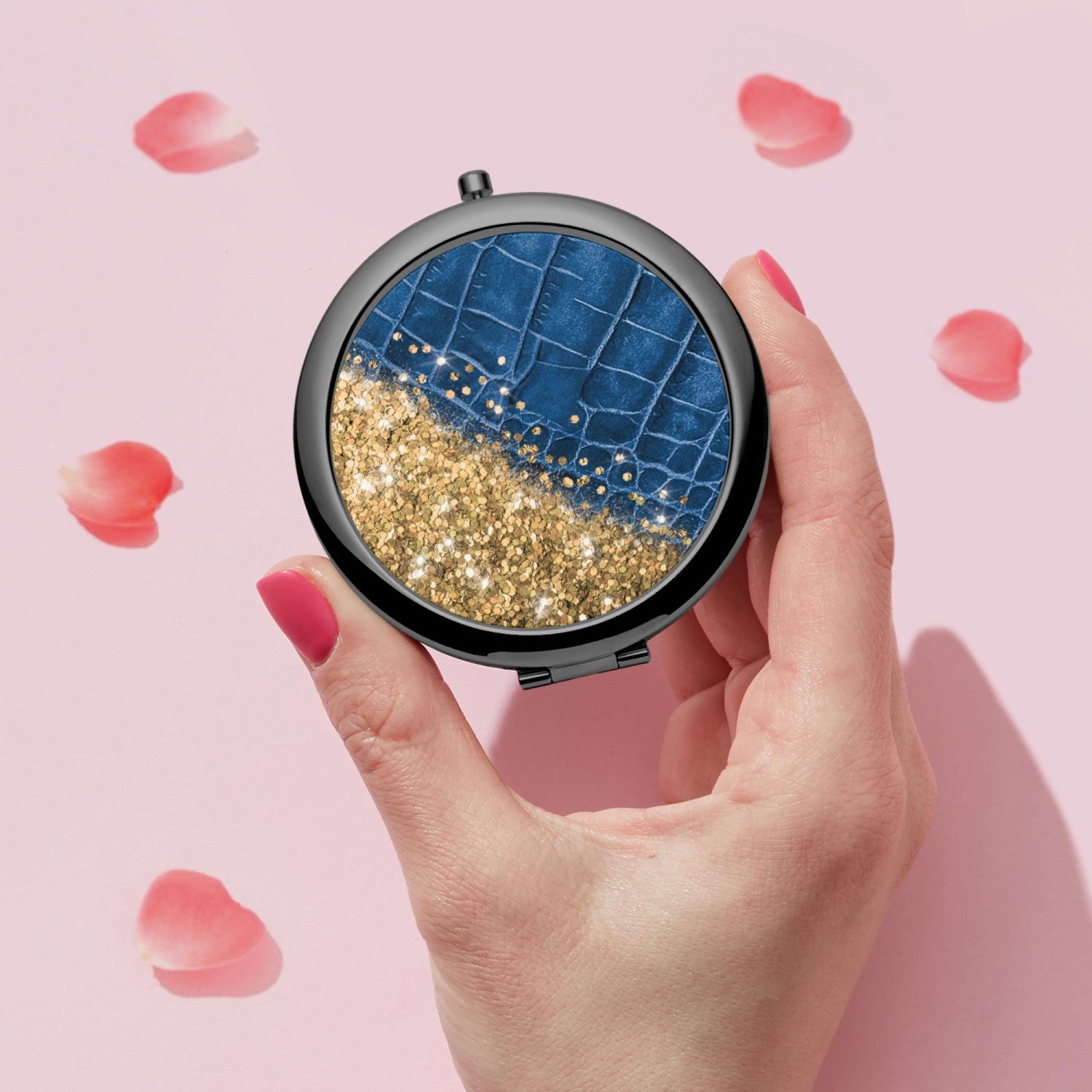 Gold Glitter & Blue Leather |  Compact Mirror - Kim’s Signature Beauty & Accessories    (Store description)