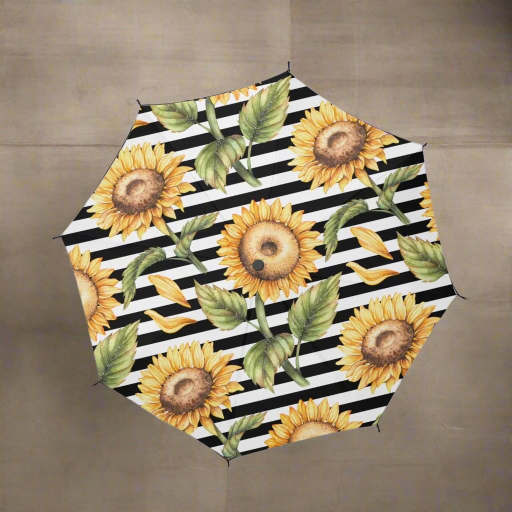 Sunflower Striped Travel Umbrella – Auto Open/Close - Kim’s Signature Beauty & Accessories    (Store description)