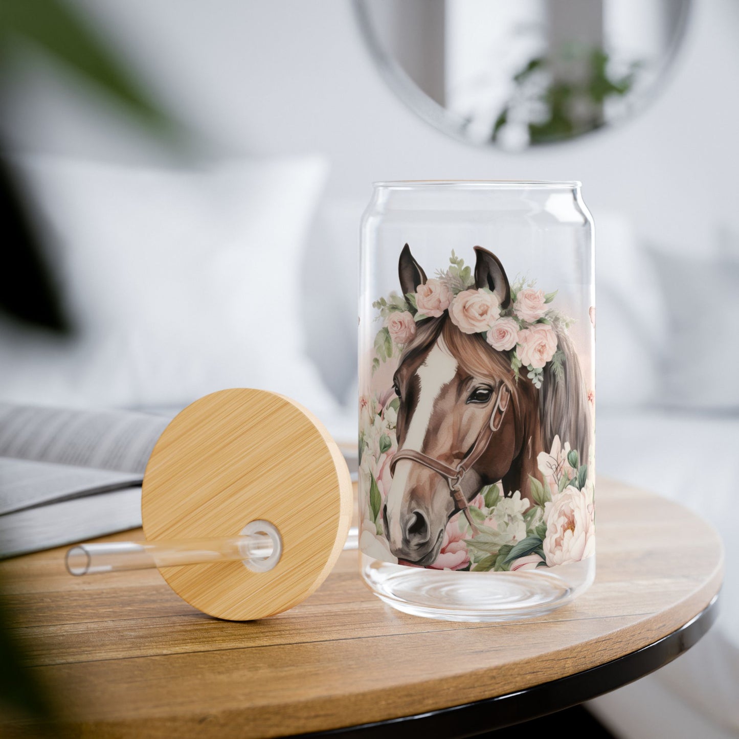 Pink Floral Horse lovers Sipper Glass, 16oz - Kim’s Signature Beauty & Accessories    (Store description)