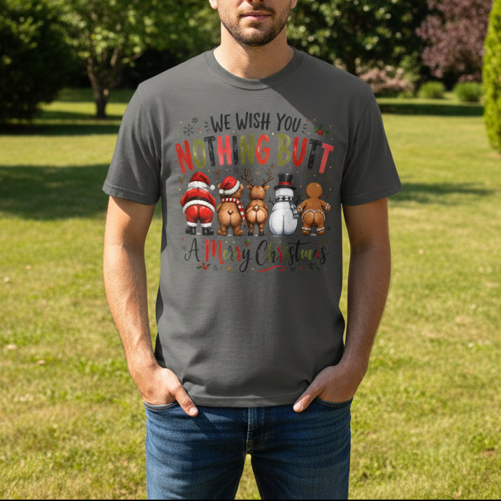 A dark gray crewneck t-shirt featuring a Christmas-themed graphic with the text 'WE WISH YOU NOTHING BUT A Merry Christmas' and illustrations of Santa Claus, a reindeer, a snowman, and a gingerbread man, shown on a plain white background.