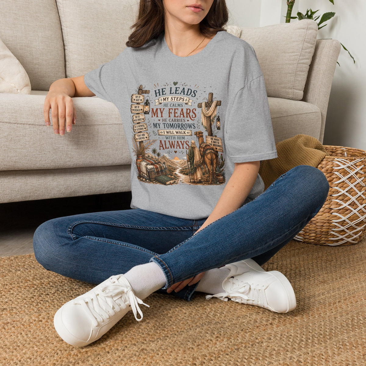 He Leads Me Inspirational Christian T-Shirt