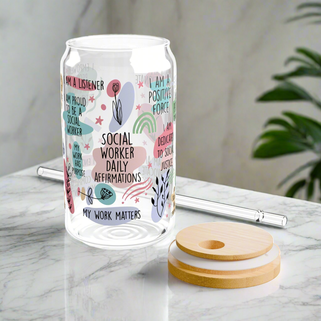 Social Worker Affirmations Sipper Glass, 16oz - Kim’s Signature Beauty & Accessories    (Store description)
