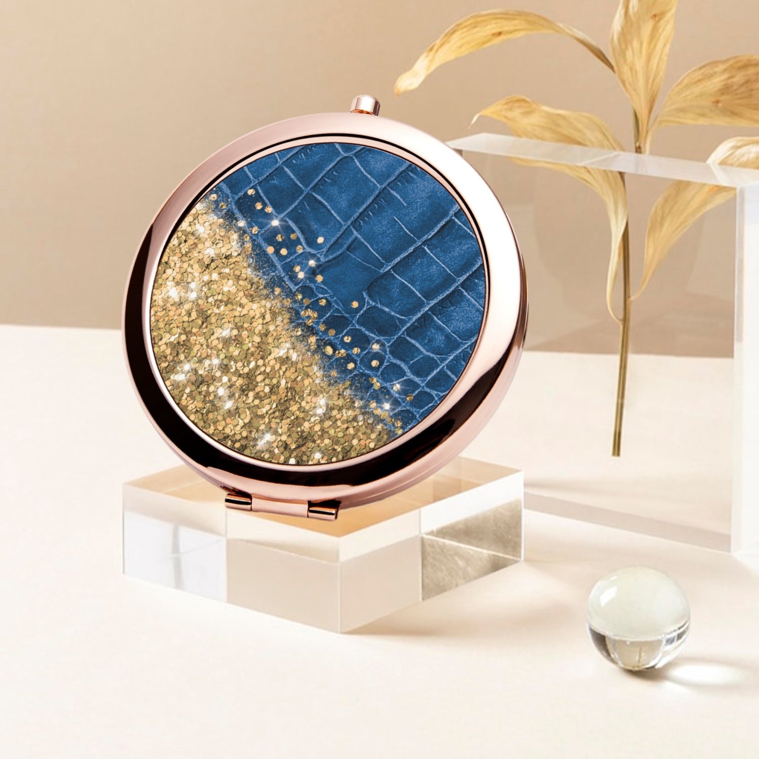 Gold Glitter & Blue Leather |  Compact Mirror - Kim’s Signature Beauty & Accessories    (Store description)