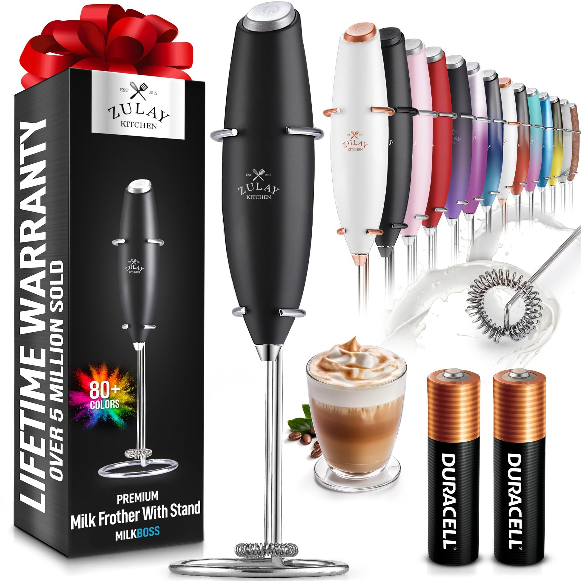 Zulay Kitchen milk frother with stand, packaging, and accessories on a white background
