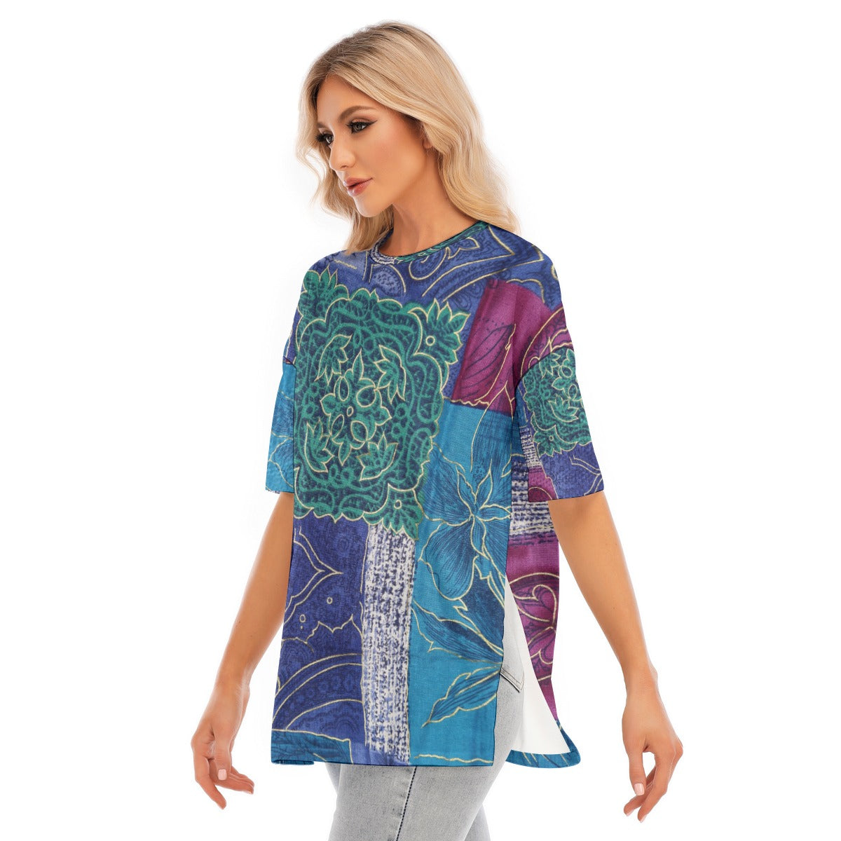 All-Over Print Women's Short Sleeves T-shirt With Hem Split - Kim’s Signature Beauty & Accessories    