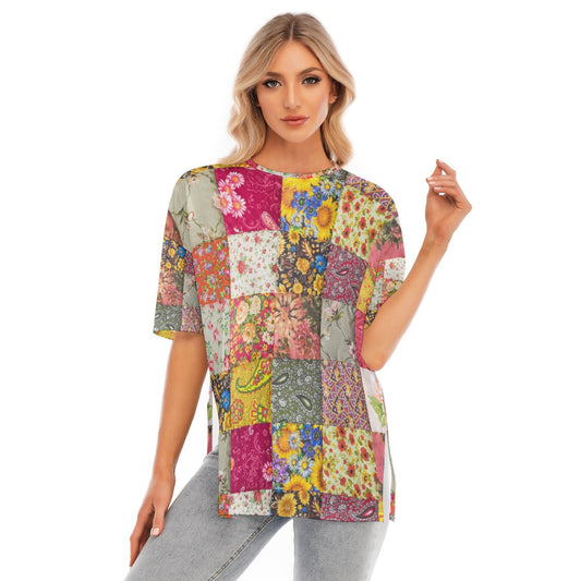 All-Over Print Women's Short Sleeves T-shirt With Hem Split - Kim’s Signature Beauty & Accessories    