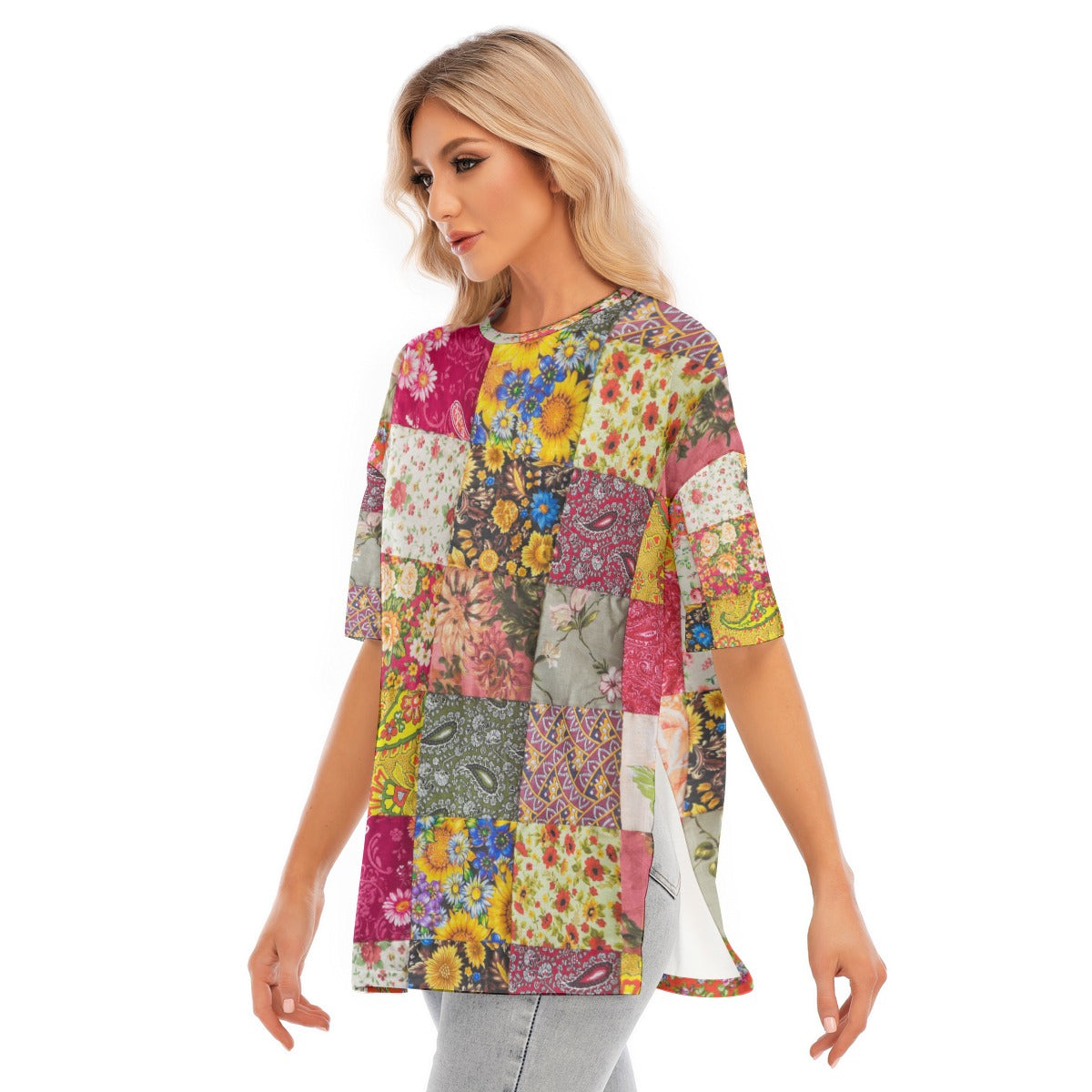 All-Over Print Women's Short Sleeves T-shirt With Hem Split - Kim’s Signature Beauty & Accessories    