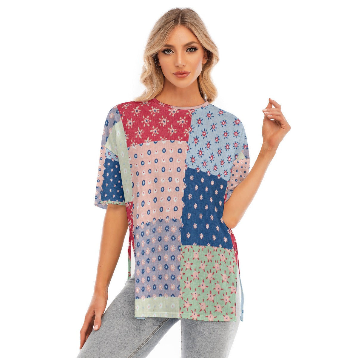 All-Over Print Women's Short Sleeves T-shirt With Hem Split - Kim’s Signature Beauty & Accessories    