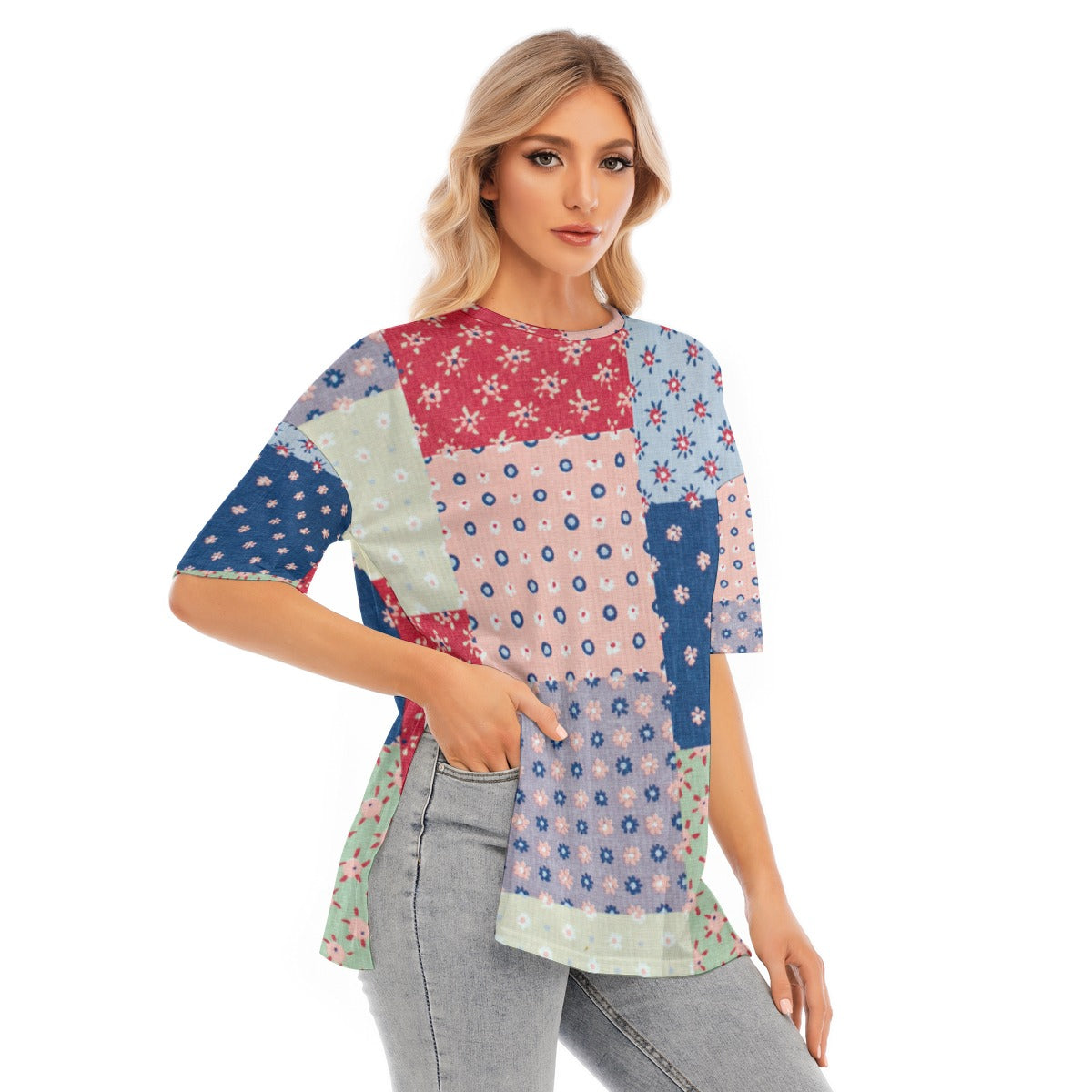 All-Over Print Women's Short Sleeves T-shirt With Hem Split - Kim’s Signature Beauty & Accessories    