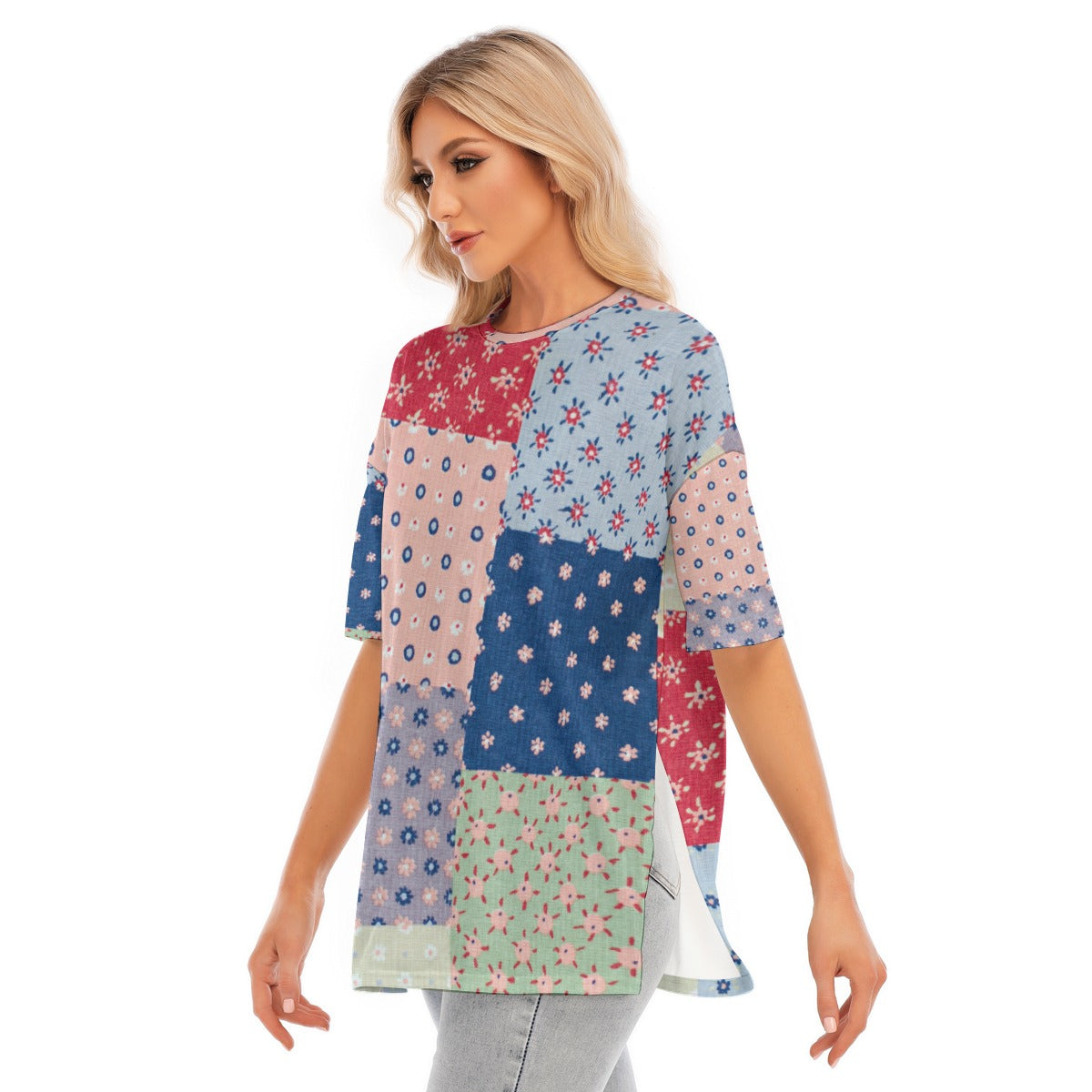 All-Over Print Women's Short Sleeves T-shirt With Hem Split - Kim’s Signature Beauty & Accessories    