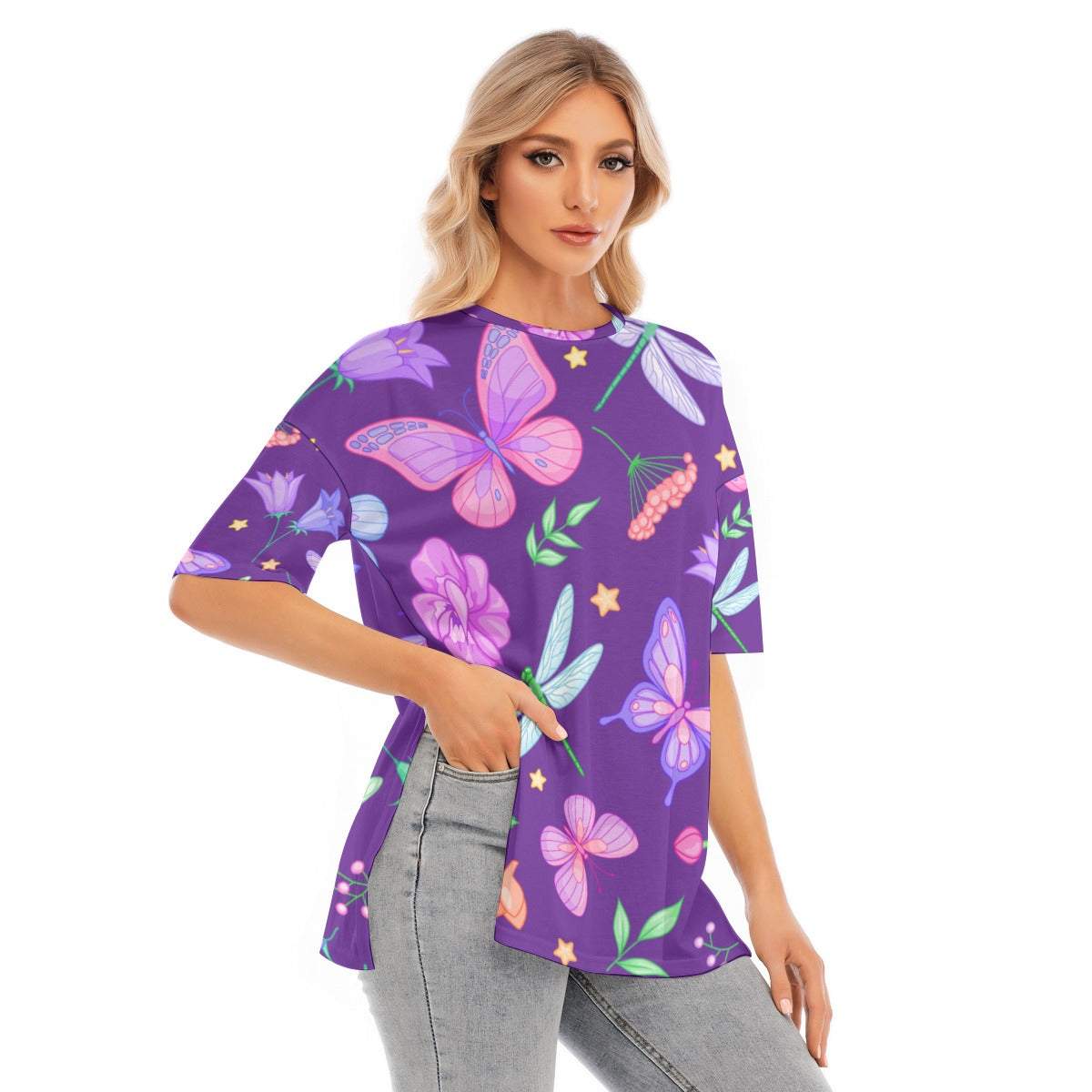 All-Over Print Women's Short Sleeves T-shirt With Hem Split - Kim’s Signature Beauty & Accessories    