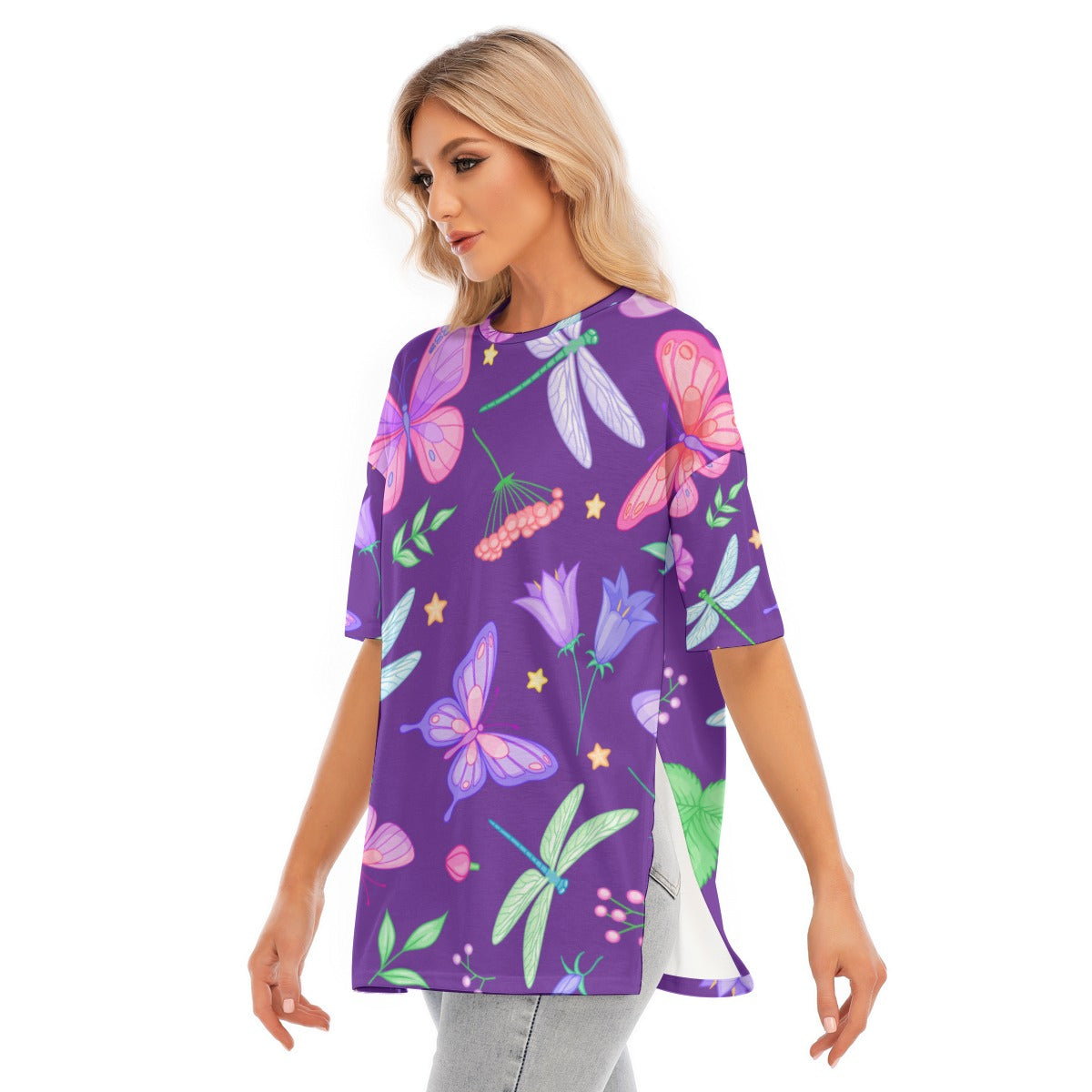 All-Over Print Women's Short Sleeves T-shirt With Hem Split - Kim’s Signature Beauty & Accessories    