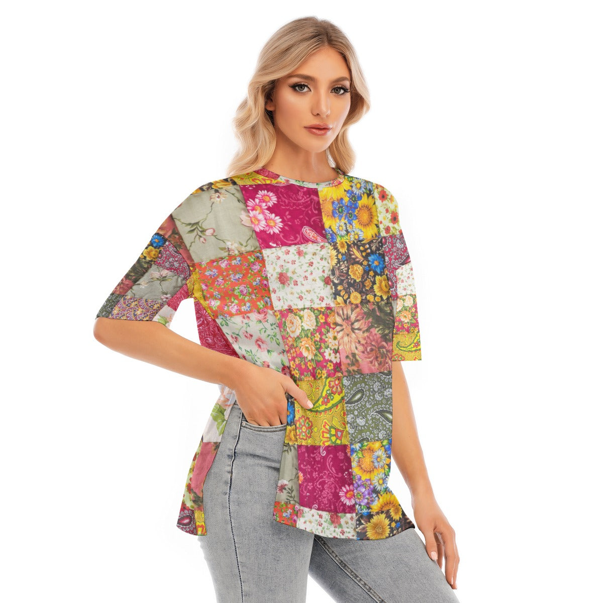 All-Over Print Women's Short Sleeves T-shirt With Hem Split - Kim’s Signature Beauty & Accessories    