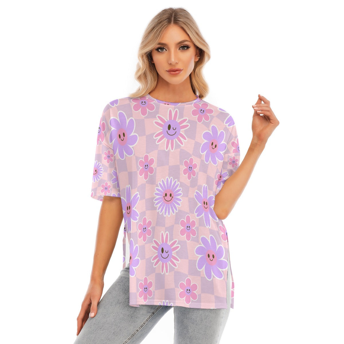 All-Over Print Women's Short Sleeves T-shirt With Hem Split - Kim’s Signature Beauty & Accessories    