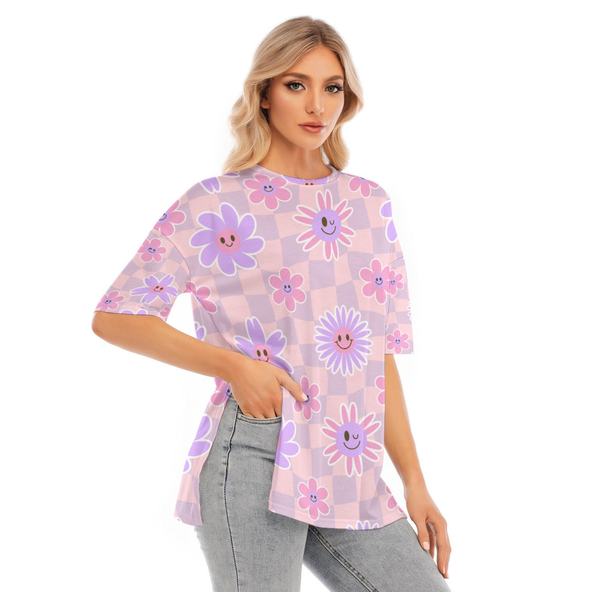 All-Over Print Women's Short Sleeves T-shirt With Hem Split - Kim’s Signature Beauty & Accessories    