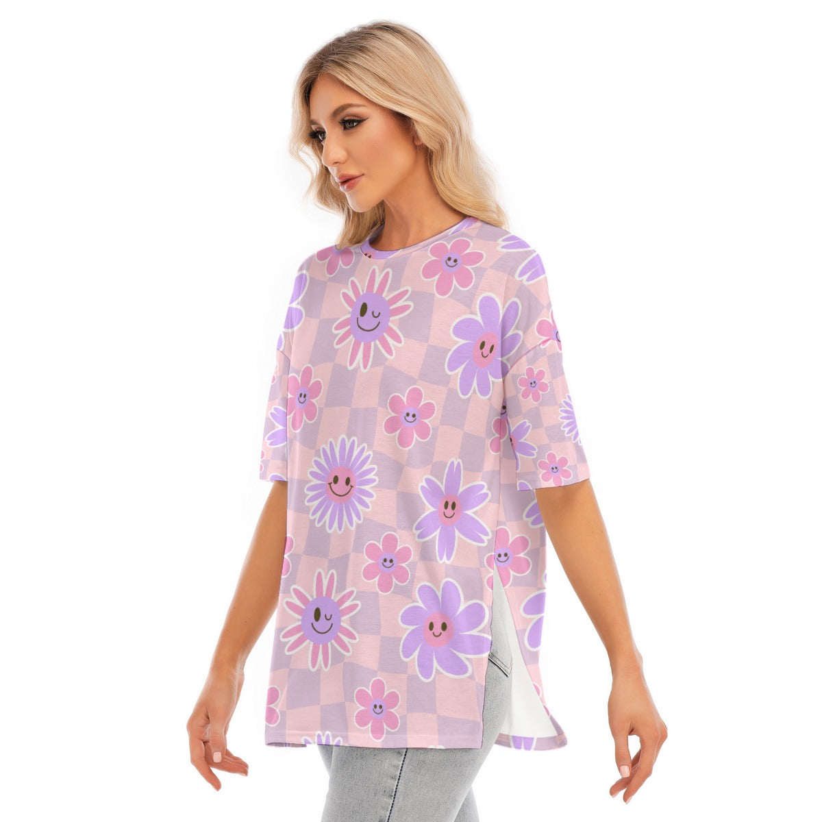 All-Over Print Women's Short Sleeves T-shirt With Hem Split - Kim’s Signature Beauty & Accessories    