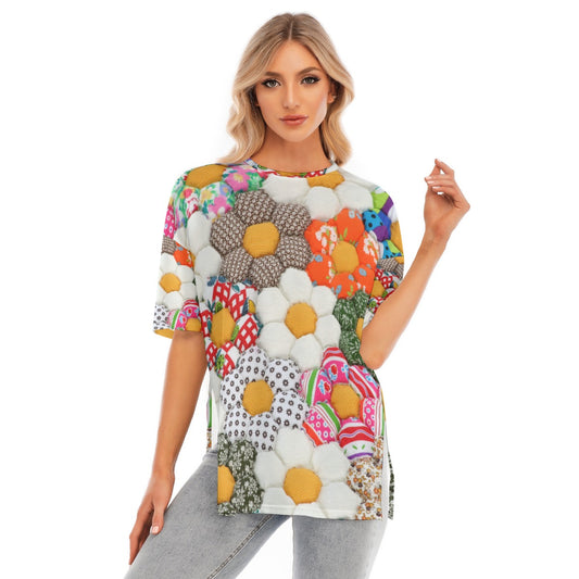 All-Over Print Women's Short Sleeves T-shirt With Hem Split - Kim’s Signature Beauty & Accessories    