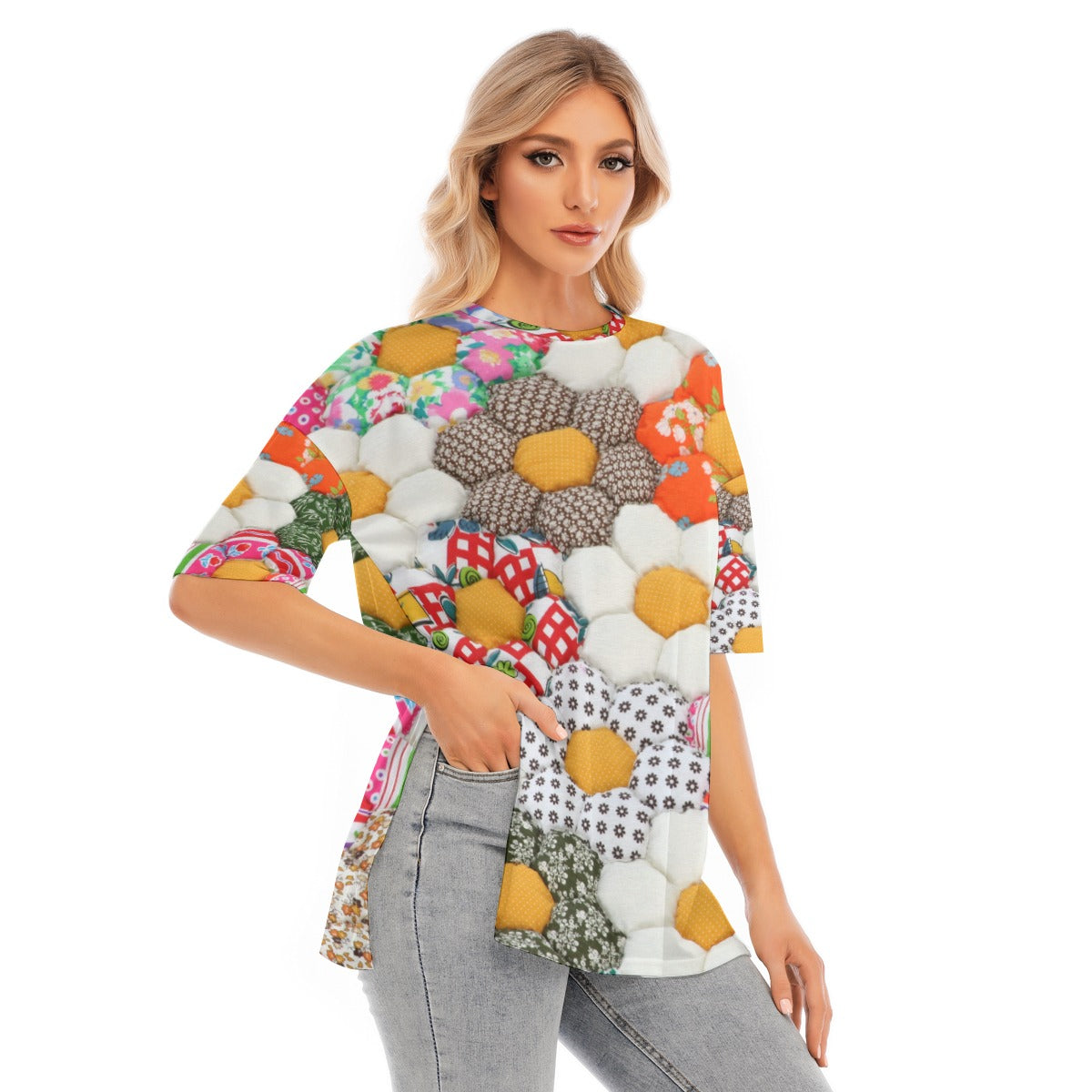 All-Over Print Women's Short Sleeves T-shirt With Hem Split - Kim’s Signature Beauty & Accessories    