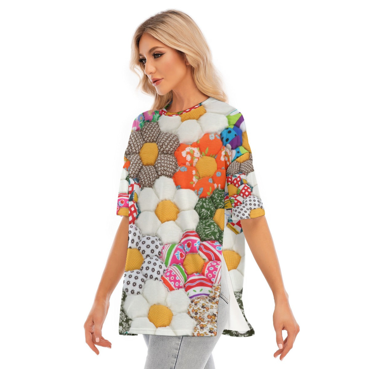 All-Over Print Women's Short Sleeves T-shirt With Hem Split - Kim’s Signature Beauty & Accessories    