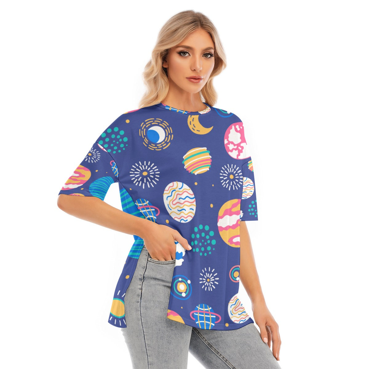 All-Over Print Women's Short Sleeves T-shirt With Hem Split - Kim’s Signature Beauty & Accessories    