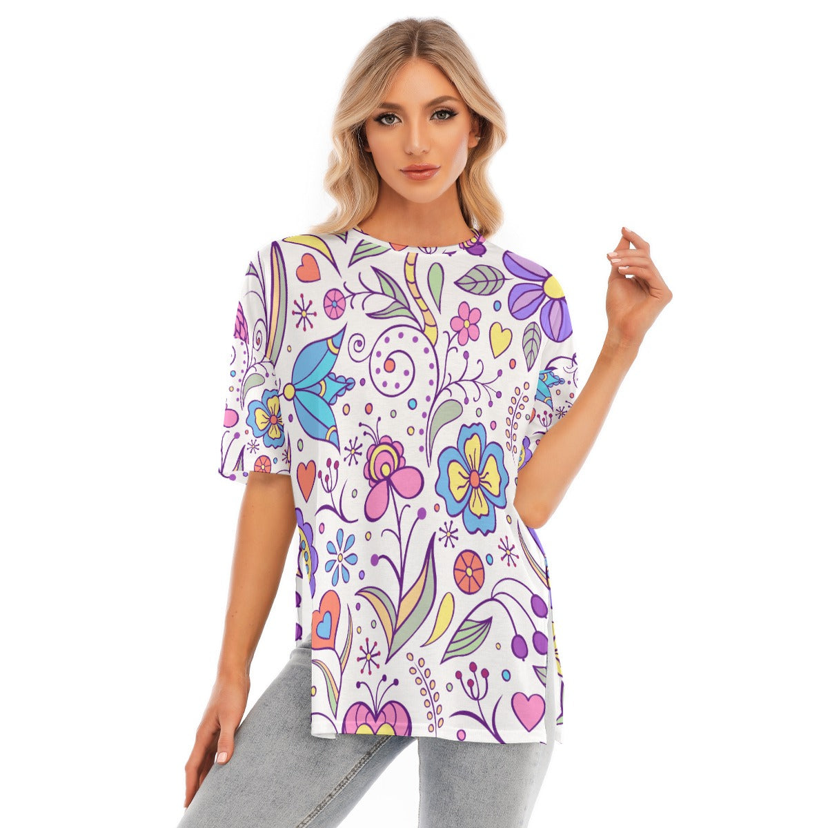 All-Over Print Women's Short Sleeves T-shirt With Hem Split - Kim’s Signature Beauty & Accessories    