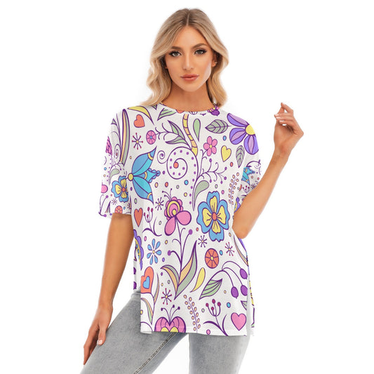 All-Over Print Women's Short Sleeves T-shirt With Hem Split - Kim’s Signature Beauty & Accessories    