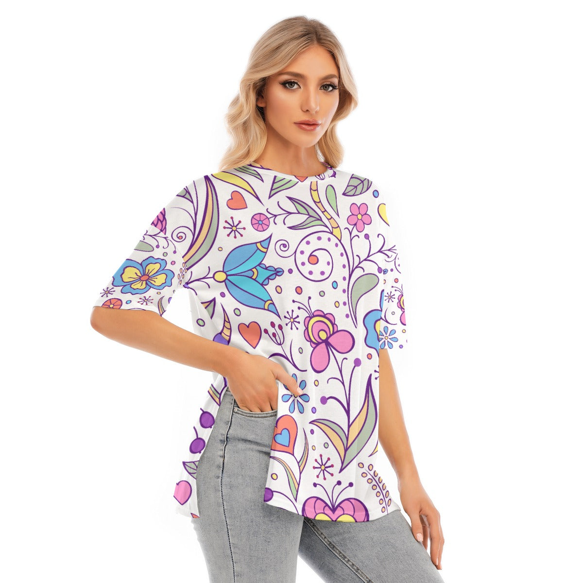 All-Over Print Women's Short Sleeves T-shirt With Hem Split - Kim’s Signature Beauty & Accessories    