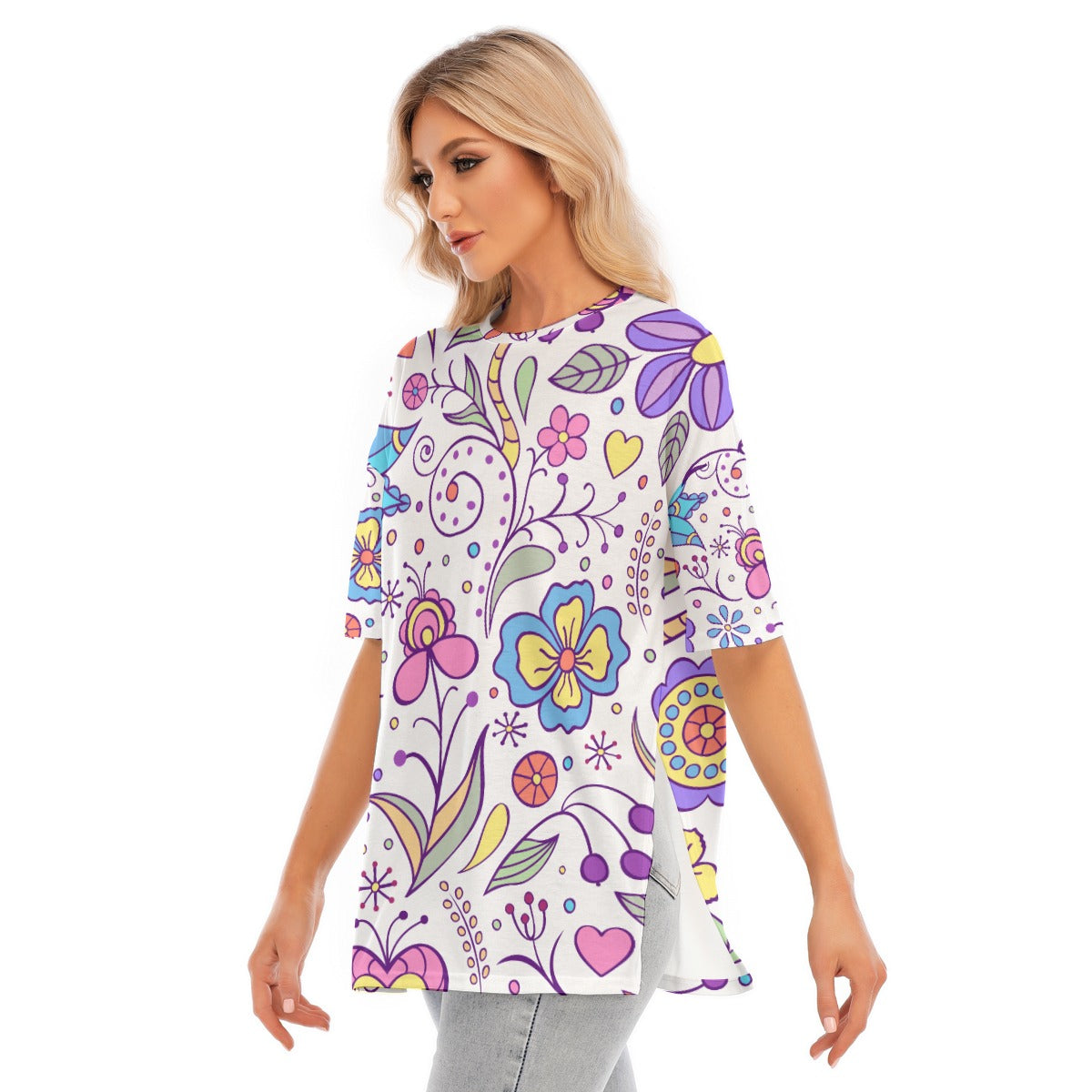 All-Over Print Women's Short Sleeves T-shirt With Hem Split - Kim’s Signature Beauty & Accessories    