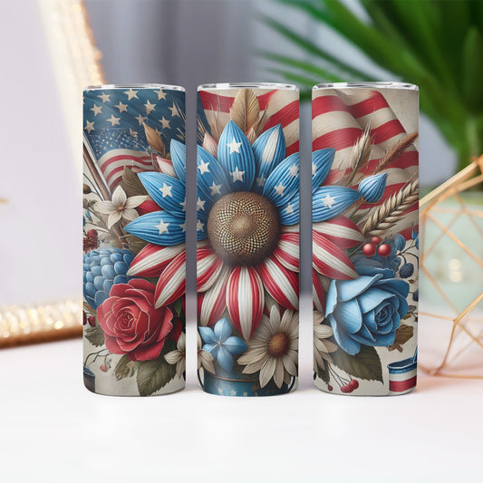 Americana Floral Tumbler – 20oz Patriotic Flag & Flowers - Kim’s Signature Beauty & Accessories    