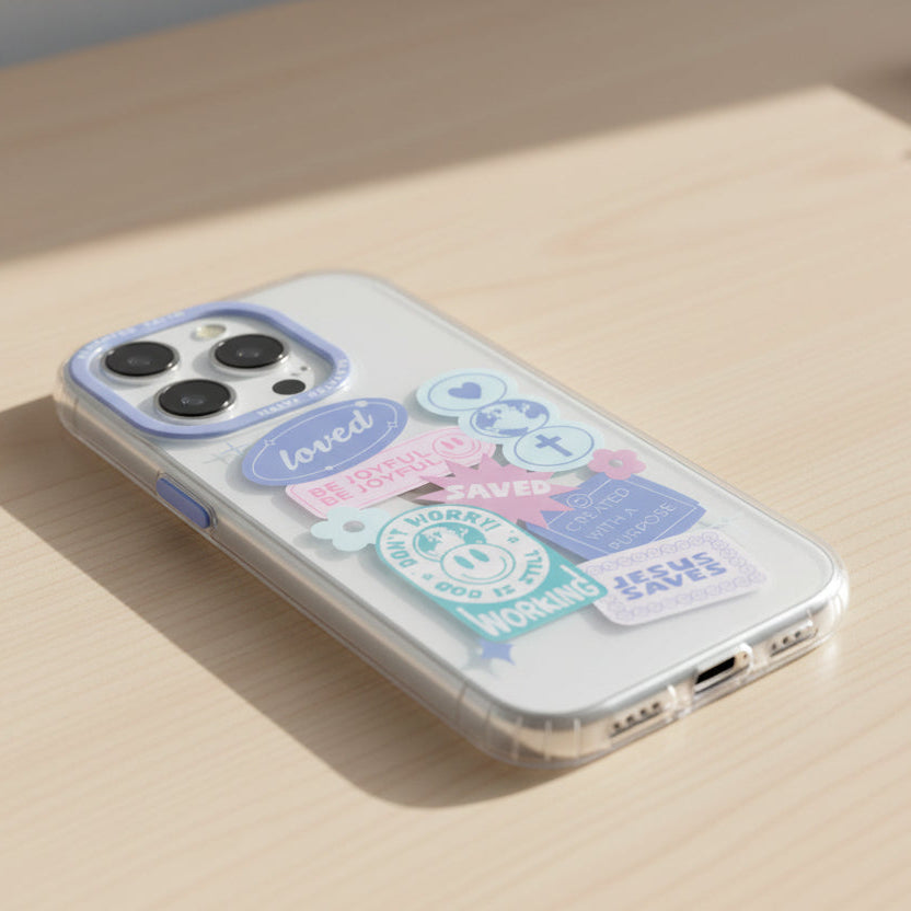 Phone case with various stickers on a white background