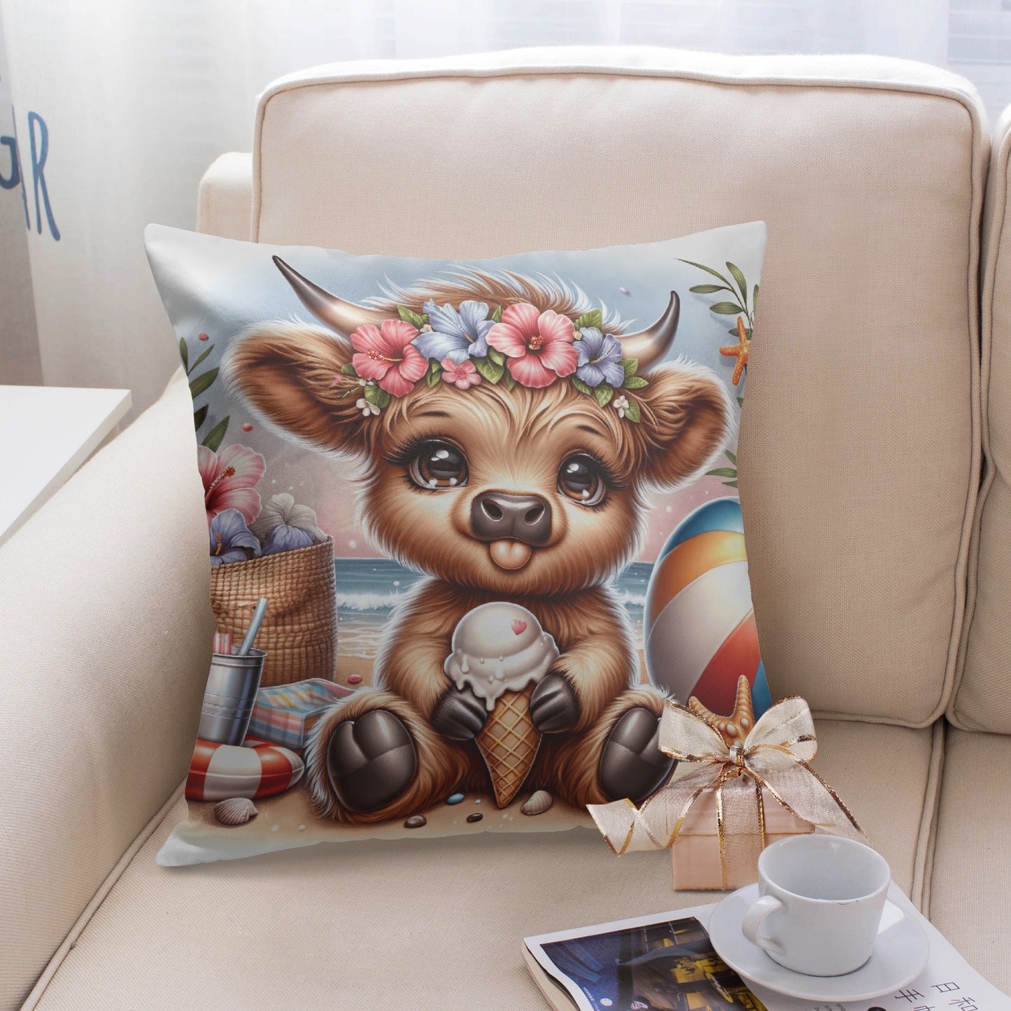 Beachside Highland Cow Fun Pillow Cover - Kim’s Signature Beauty & Accessories    