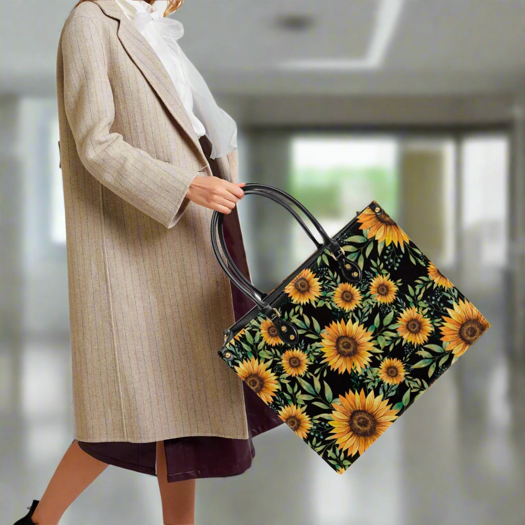 Black & Gold Sunflower PU Leather Handbag - Kim’s Signature Beauty & Accessories    