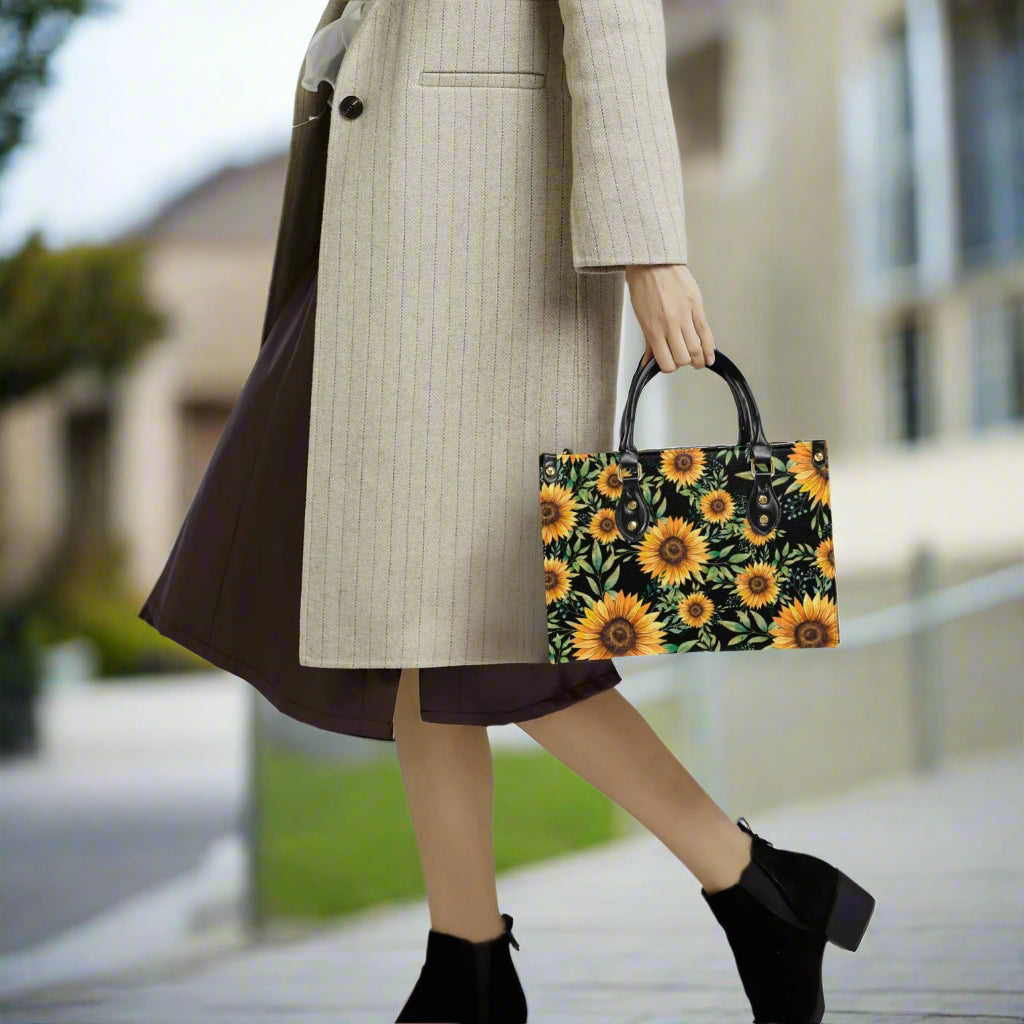 Black & Gold Sunflower PU Leather Handbag - Kim’s Signature Beauty & Accessories    