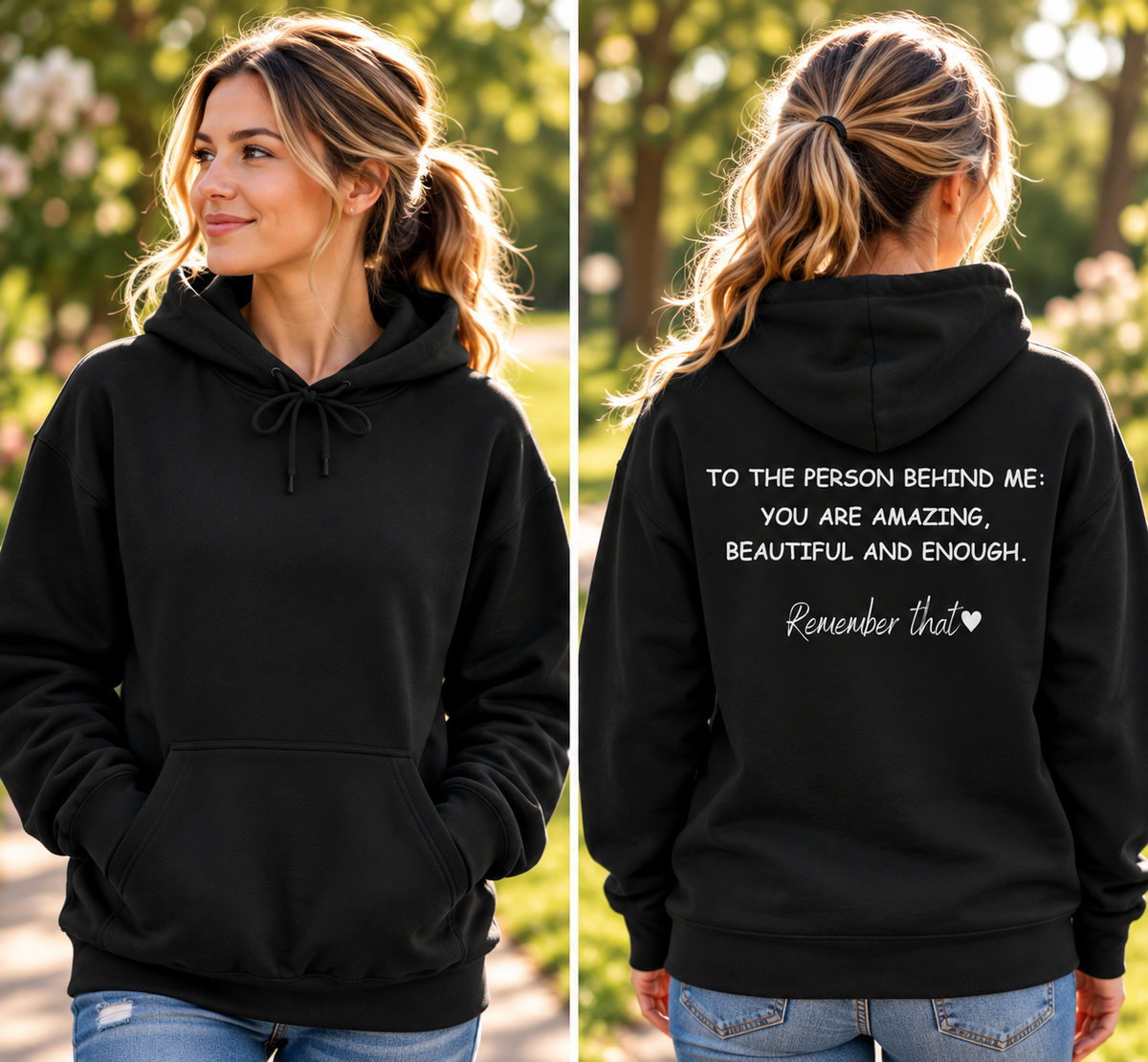 A woman modeling a black pullover hoodie in a split front-and-back view. The front shows a kangaroo pocket and drawstring hood, while the back has white printed text reading, 'TO THE PERSON BEHIND ME: YOU ARE AMAZING, BEAUTIFUL AND ENOUGH.