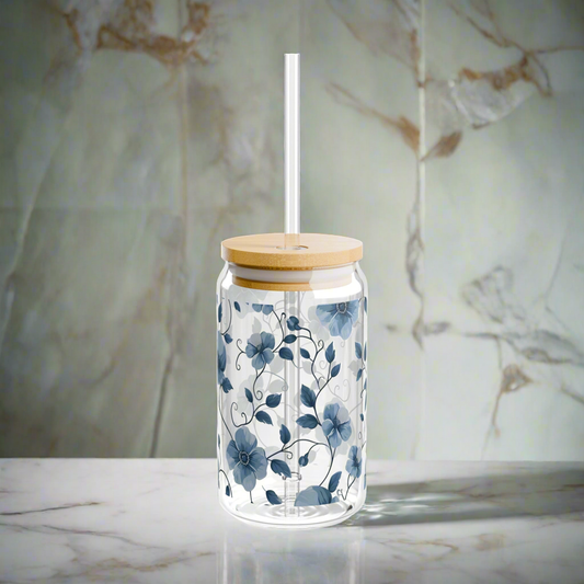 Blue Floral Sipper Glass, 16oz - Kim’s Signature Beauty & Accessories    