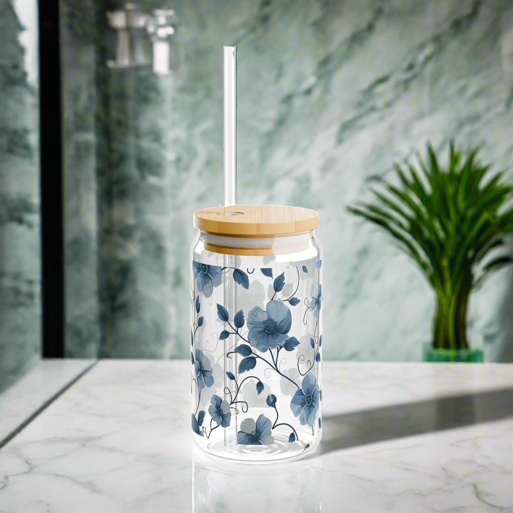 Blue Floral Sipper Glass, 16oz - Kim’s Signature Beauty & Accessories    