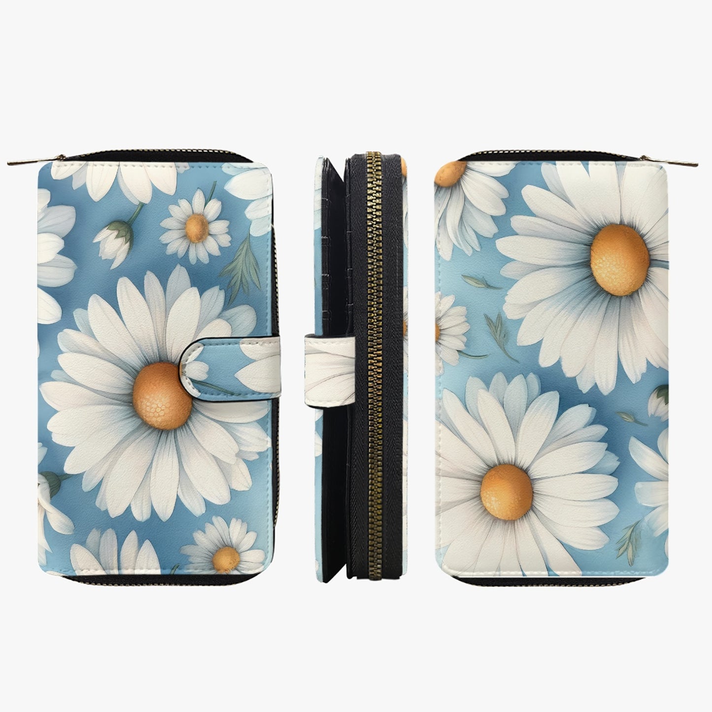 Blue with white flowers | Long Leather Wallet - Kim’s Signature Beauty & Accessories    